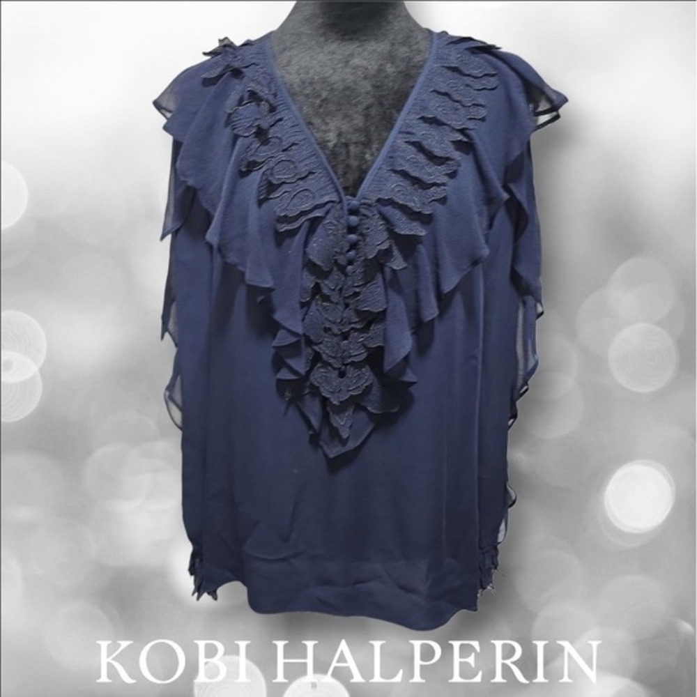 Kobi‎ Halperin Briley Silk Ruffle Lace Blouse Womens Navy Blue KF7B16-17 Medium